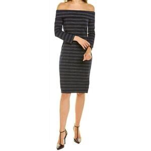 Trina Turk Conch Dress Women Large NWT Navy Metallic Rainbow Stripe Off Shoulder